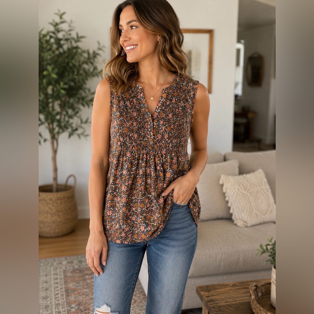 Lucky Brand Floral Smocked Sleeveless Top Cotton Modal Size Medium Boho